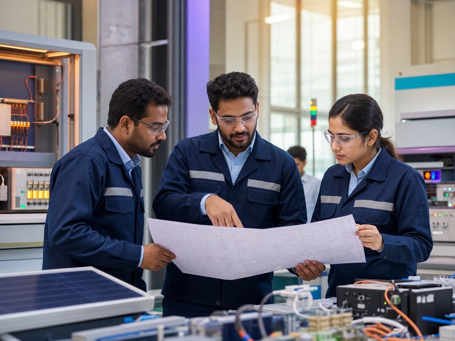 Indian electrical and automation engineers collaborating on a technical plan