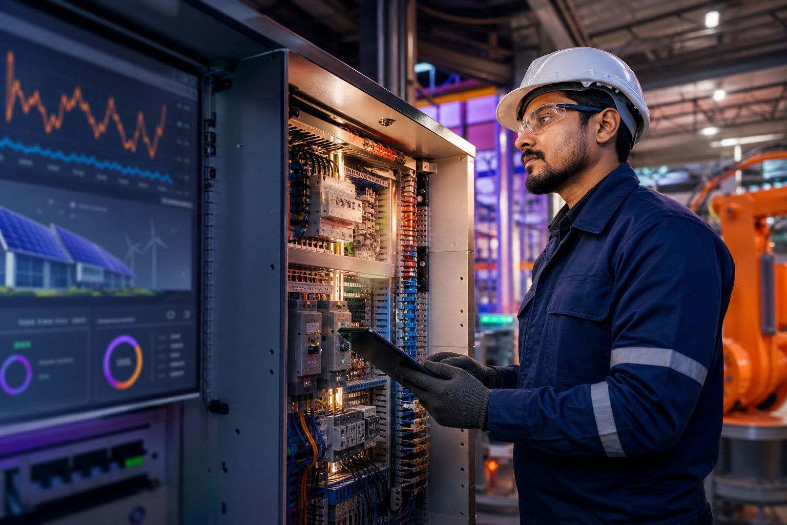 Electrical engineer monitoring a modern industrial automation system