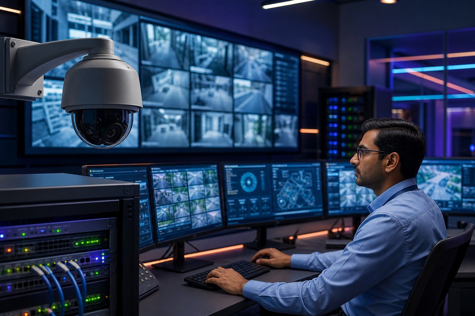 Indian security systems engineer in a professional CCTV command center