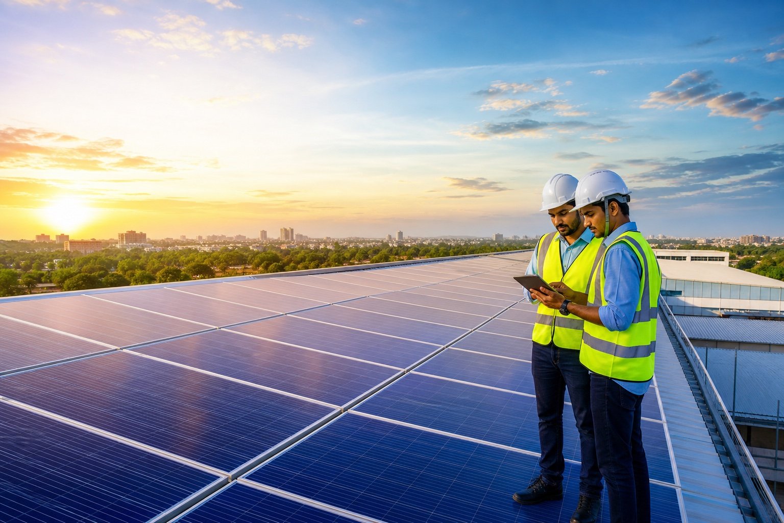 Indian solar engineers inspecting a commercial rooftop installation